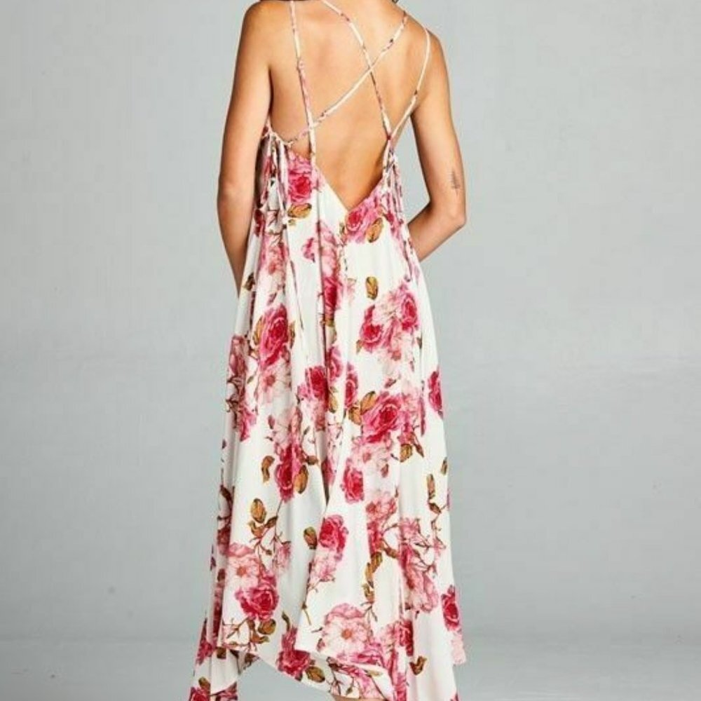 AAKAA Boho Ivory Pink Floral Lace-up Maxi Dress - Picture 3 of 5